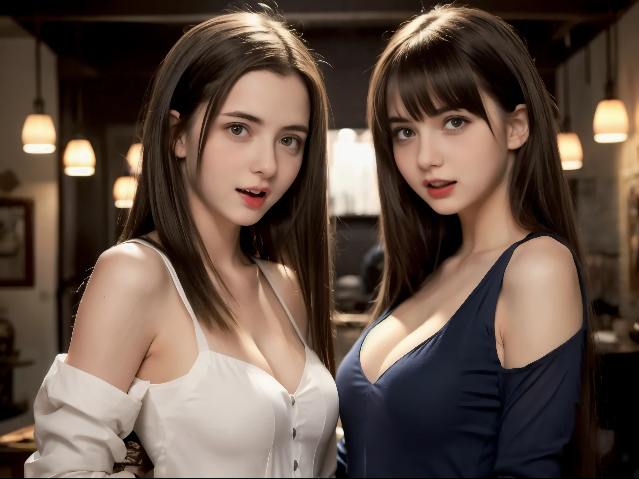 1girl, (cowboy shot, medium wide shot:1.2), from side, see-through dress with big ribbon, long sleeve, shoulder, plunging deep neckline, detailed face, looking at viewer, cleavage, blurry background, (masterpiece:1.2), highest quality, (super details:1.3), facing the camera, (hyper realistic:1.2), sharp feature, sharp focus, plump lips, cinematic, film light, atmospheric, high resolution, vibrant, dynamic studio lighting, (holding pleasure expression:1.4), straight bangs, blue pupils, (cowboy_shot:1.2), (aroused blush:1.2), (half-closed eyes:0.8), head tilt, (, cute:1.3), (breasts:1.2),
