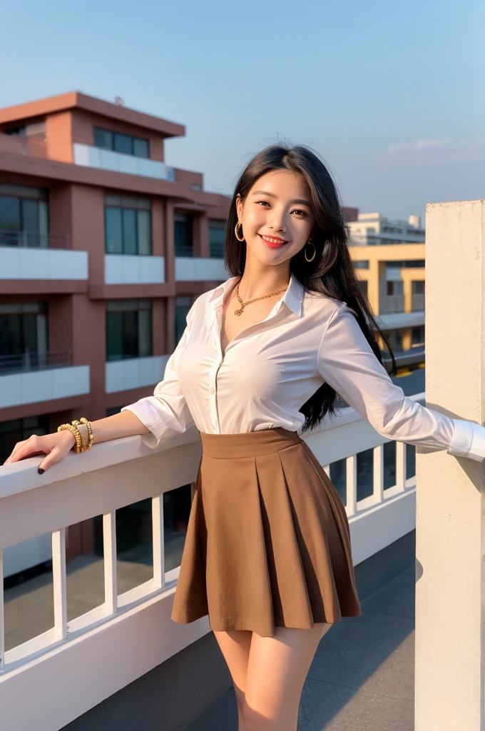 Rooftop of university building, 4th year university student, ((full body)), ((photo)), ((best qualtiy, 8K, tmasterpiece:1.3)), Focus:1.2, perfect figure beautiful girl:1.4, 1girl, cowboy shot, look at viewer, eyes facing the camera, incredibly absurd, beautiful and cute girl with a photorealistic face, showcasing top-quality craftsmanship, A Japanese girl watching the sunset on the roof of a university building, 19 years old, long, straight, silky black hair, fair skin, big eyes, thin eyebrows, double eyelids, long eyelashes, pink lips, smile, devilish smile, gorgeous features, well-defined facial features, beautiful face line, mysterious beauty, slender, tall, well-balanced proportions, large E-cup breasts, white shirt, tight black skirt, beige pumps, gold necklace and bracelet, small earrings, elegant ring, pretty girl, beauty, devilish type, pretty older sister, passionate about art, sociable, friendly, positive, has leadership skills, is proactive, is flexible, gets things done efficiently, works hard towards dreams and goals, March