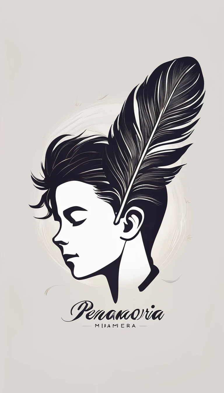 A minimalist, fantastic, poetic, dreamy, captivating, memorable, masterpiece, modern, simple logo design of a boy and a feather for the brand “Penamemoria". The logo must convey a sense of music, stories and dreams. Minimalistic logo design of a boy and a feather.
