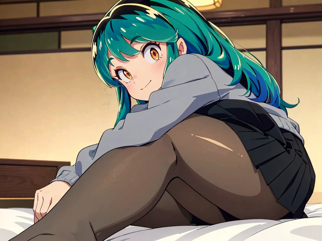 masterpiece, Highest quality, 1 Girl, Lum, tired, Taking a break, Looking into the distance, Grey knit, Black Mini Skirt, Grey pantyhose , anime, From below, blush, Embarrassing, Taking a break, Mature, 18-year-old, Smile, Lying in bed, Focus on the feet, Japan, Hotel, High definition, Green Hair