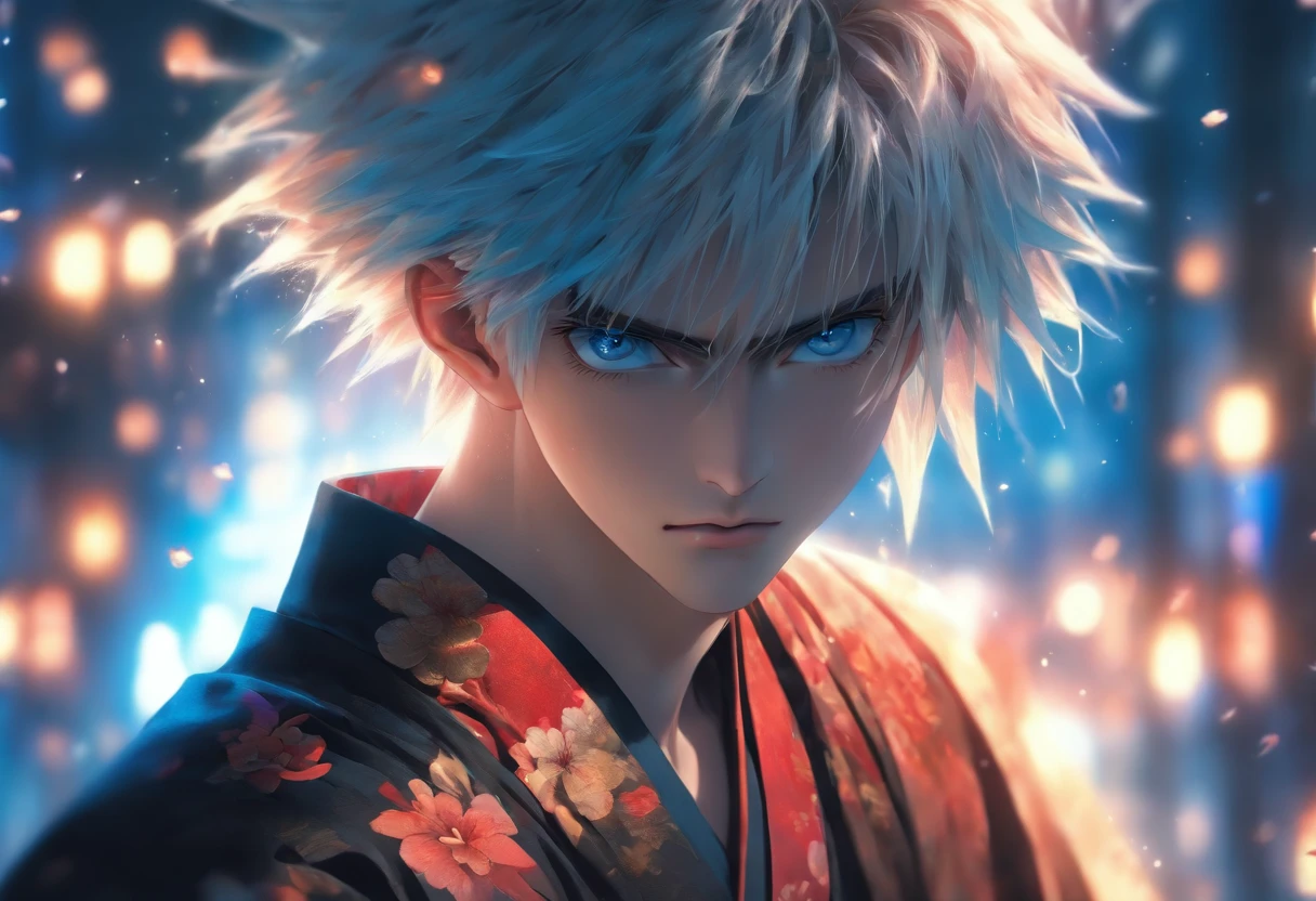 A 19 year old man, white shaved hair, dark blue eyes, serious expression, sharp facial features, sleeveless black kimono, kimono robe, hakama pants, calloused hands, psychopath, (best quality,4k,8k,highres,masterpiece:1.2),ultra-detailed,(realistic,photorealistic,photo-realistic:1.37),portrait,horror,dark color tones,dramatic lighting