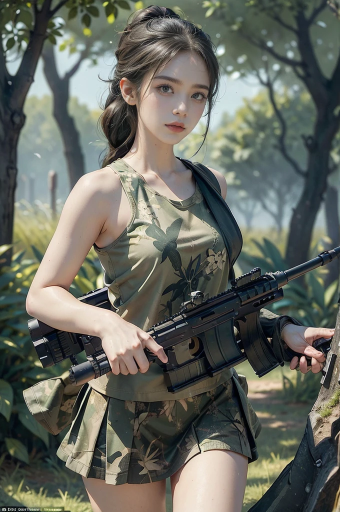 (((best quality))),(((ultra detailed))),(((masterpiece))),illustration,((1girl,sniper,solo)),summer,heat,short ponytail,green camouflage tank top,mini-skirt,shrubbery,sweat,forehead,intent,focused,determined,expression,sun,shadows,discipline,precision,leaves rustling,breeze,bird chirps,insect buzzes,isolation,task,attire,functional,eye-catching,camouflage pattern,blend,foliage,makeup,anonymity,scenery,ghost,calm,collect,(Holding a huge machine gun:1.3),rifle steadied,bipod,presence,formidable force,hunter,wild,silent guardian,shadows,vigilant,watchful,essence, Hunter hidden in plain sight