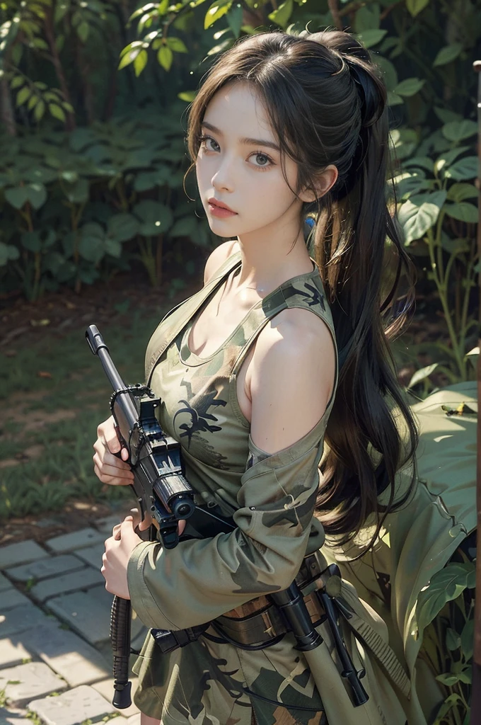 (((best quality))),(((ultra detailed))),(((masterpiece))),illustration,((1girl,sniper,solo)),summer,heat,short ponytail,green camouflage tank top,mini-skirt,shrubbery,sweat,forehead,intent,focused,determined,expression,sun,shadows,discipline,precision,leaves rustling,breeze,bird chirps,insect buzzes,isolation,task,attire,functional,eye-catching,camouflage pattern,blend,foliage,makeup,anonymity,scenery,ghost,calm,collect,(Holding a huge machine gun:1.3),rifle steadied,bipod,presence,formidable force,hunter,wild,silent guardian,shadows,vigilant,watchful,essence, Hunter hidden in plain sight