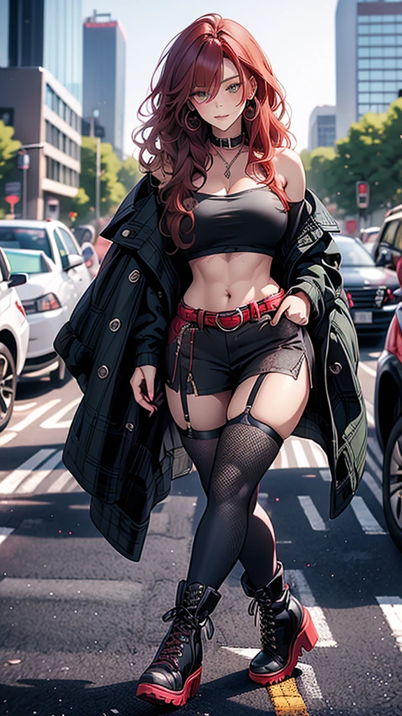 woman, curly red hair in pig tails, green eyes, wearing crop top black shirt, long black jacket, red plaid skirt, (black knee high boots), black fingerless gloves, exposed shoulders, large breasts, thick thighs, freckles, cleavage, abs, looking at viewer, masterpiece, best quality, in the city