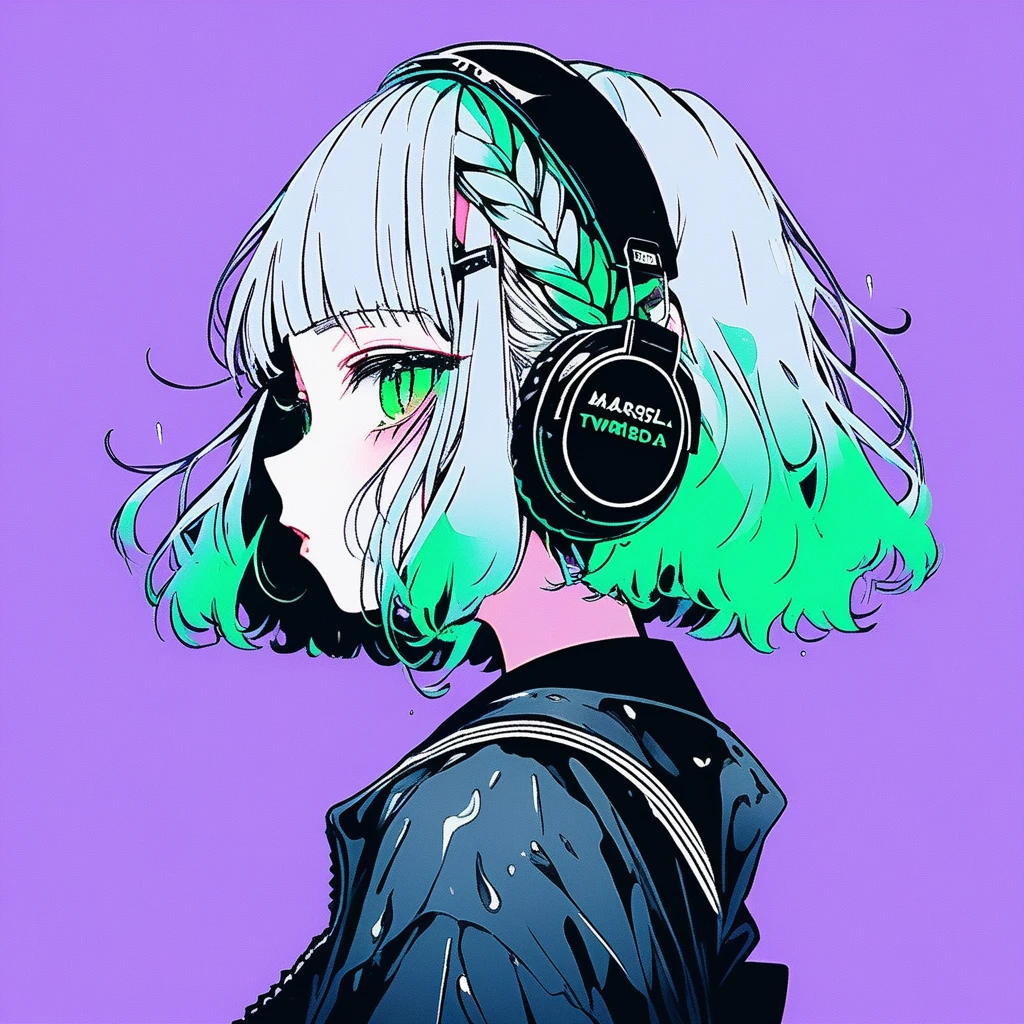 ilustrador, Japanese cartoons , Practical ,sketch , 1 girl, ,Lips, summer,Short sleeve，Order, Blue gradient background, Neon hair,Texture decoration, Canada, (masterpiece,best quality) glycerin,she is wearing black, square-shaped headphones around his neck, with the Marshall logo on them.masterpiece, ultra detailed, 8K, solid blue Skyscrapers background, full body shot, Angle looking up from below.happy, a girl, kawaii, light atmosphere, mysterious atmosphere, (Cute a girl:1.5), (a girl with closs hair pin,pale purple hair,wavy two braids,bluntbangs hair,green and black eyes,
Loose and fluffy fashion,,fullbody shot :1.4), small breast,slim,(On a rainy day, walking through Shibuya with a black lace umbrella:1.5), expressionless,