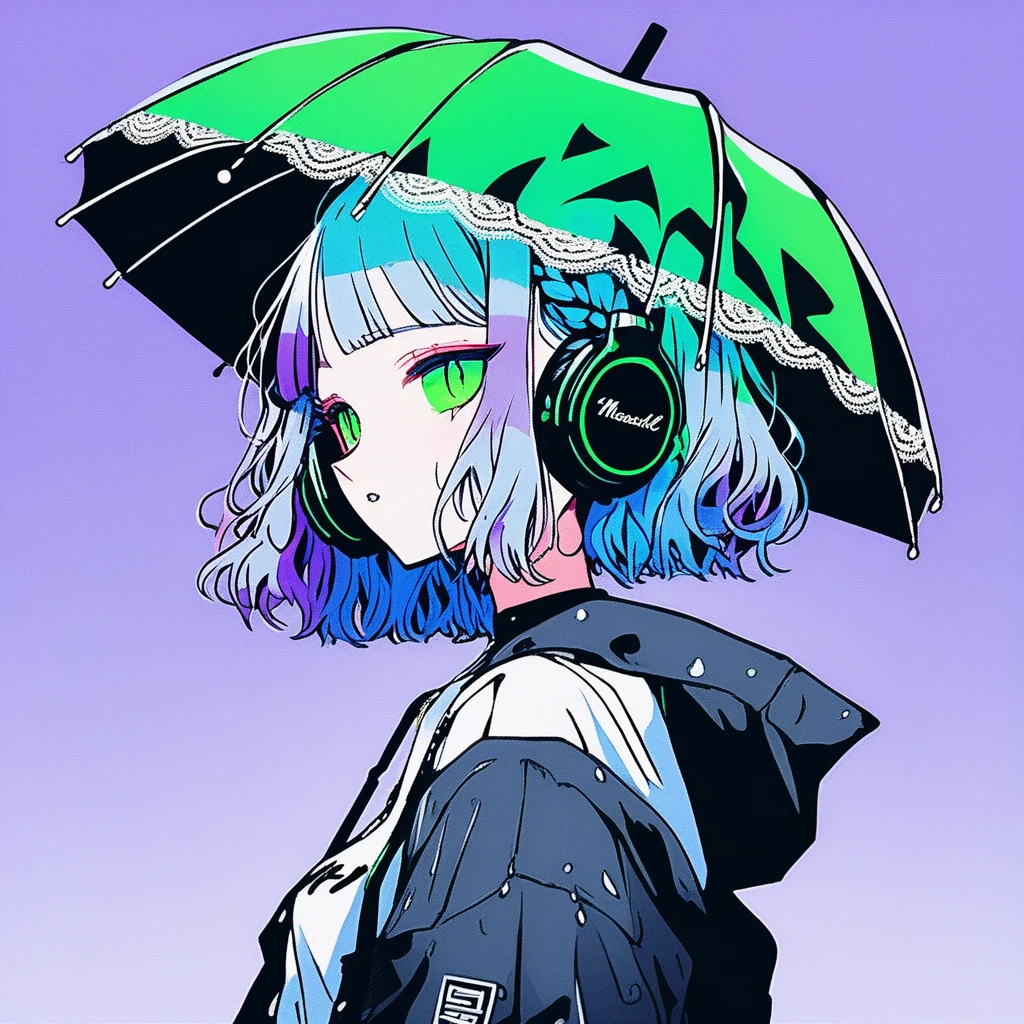 ilustrador, Japanese cartoons , Practical ,sketch , 1 girl, ,Lips, summer,Short sleeve,Order, Blue gradient background, Neon hair,Texture decoration, Canada, (masterpiece,best quality) glycerin,she is wearing black, square-shaped headphones around his neck, with the Marshall logo on them.masterpiece, ultra detailed, 8K, solid blue Skyscrapers background, full body shot, Angle looking up from below.happy, a girl, kawaii, light atmosphere, mysterious atmosphere, (Cute a girl:1.5), (a girl with closs hair pin,pale purple hair,wavy two braids,bluntbangs hair,green and black eyes,
Loose and fluffy fashion,,fullbody shot :1.4), small breast,slim,(On a rainy day, walking through Shibuya with a black lace umbrella:1.5), expressionless,