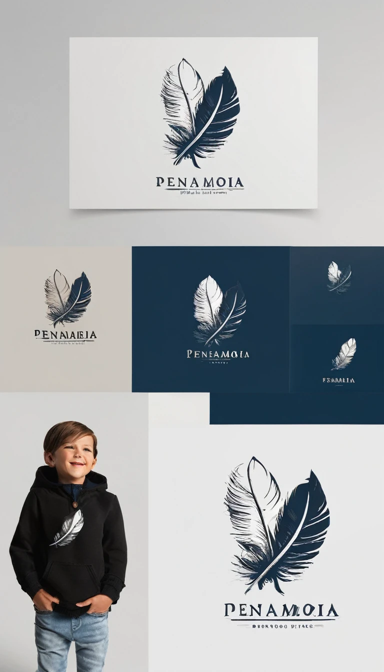 Create a minimal, modern, simple, inspirational, memorable, dream like logo design of a boy and a feather for the brand “Penamemoria".