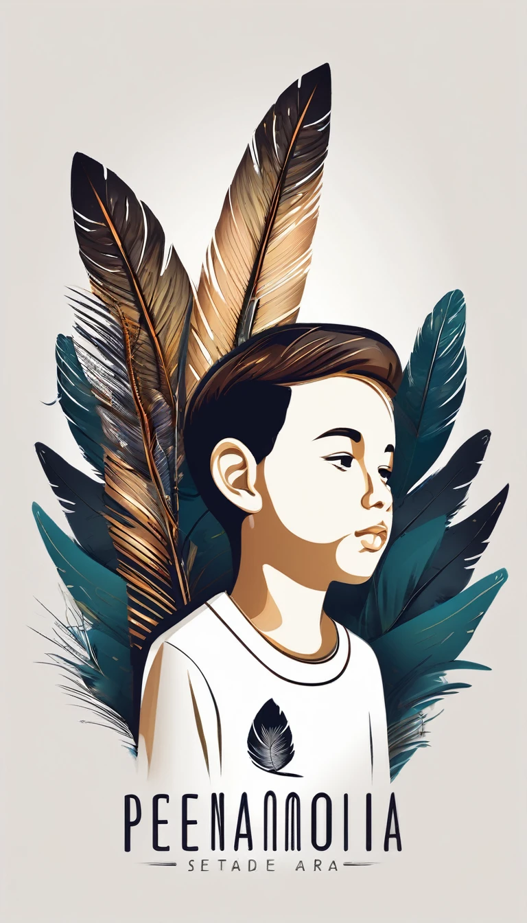 Create a minimal, modern, simple, inspirational, memorable, dream like logo design of a boy and a feather for the brand “Penamemoria".