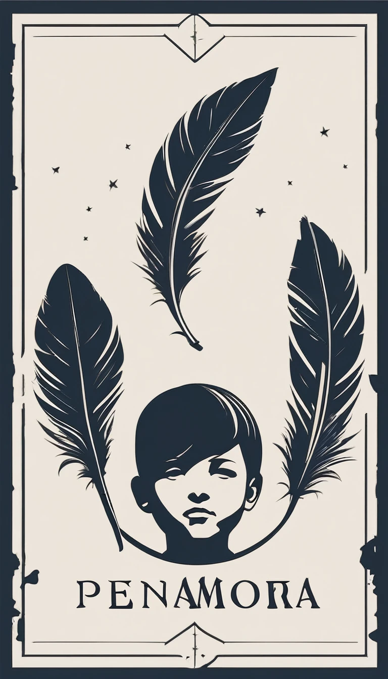 Create a minimal, modern, simple, inspirational, memorable, dream like logo design of a boy and a feather for the brand “Penamemoria".
