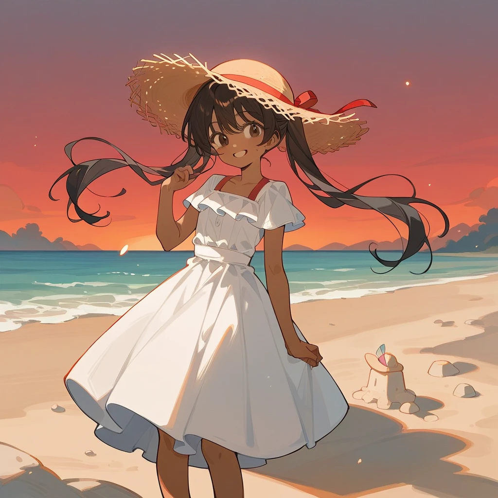 score_9_up, score_8_up, score_7_up, score_6_up, source_アニメ，2d, flat、deep shadows、Black Hair、Sand castles、Red sunset、Pigtails、White dress、Straw hat、Brown Skin、smile、Sandy Beach、rating_safe