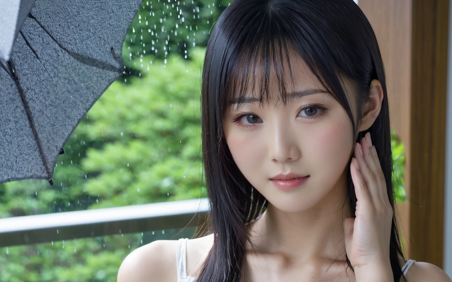 A woman with long hair is posing for a photo, Beautiful Japanese girl face, Ayaka, realistic Young Gravure Idol, It rains, Girl cute beautiful face, Akemi Takada, close up Another Iwakura, Another Iwakura, Chiho, My motto is Teshirogi, harumi, Young Gravure Idol