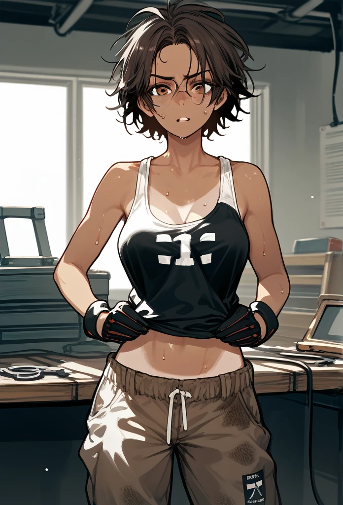 masterpiece, best quality, mature woman, messy hair, black hair, brunette gradient hair color, hot face, (tomboy face), tan skin, mature body, fit body, medium breasts, mechanic gloves, (dirty tank top), stained tank top, midriff, white bandana, mechanic pants, loose pants, workshop, (hand wiping sweat, sweaty), bending over
