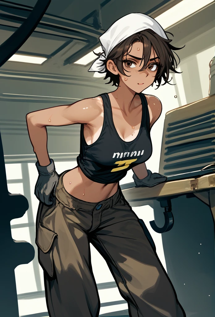 masterpiece, best quality, mature woman, messy hair, black hair, brunette gradient hair color, hot face, (tomboy face), tan skin, mature body, fit body, medium breasts, mechanic gloves, (dirty tank top), stained tank top, midriff, white bandana, mechanic pants, loose pants, workshop, (hand wiping sweat, sweaty), bending over