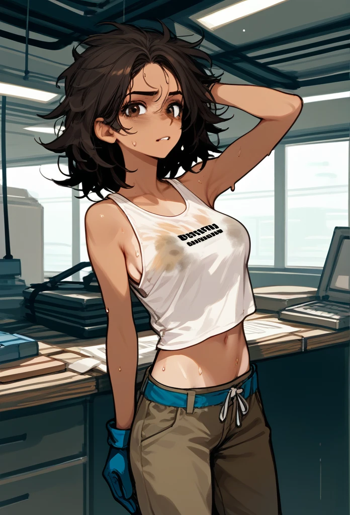 masterpiece, best quality, mature woman, messy hair, black hair, brunette gradient hair color, hot face, (tomboy face), tan skin, mature body, fit body, medium breasts, mechanic gloves, (dirty tank top), stained tank top, midriff, white bandana, mechanic pants, loose pants, workshop, (hand wiping sweat, sweaty), bending over