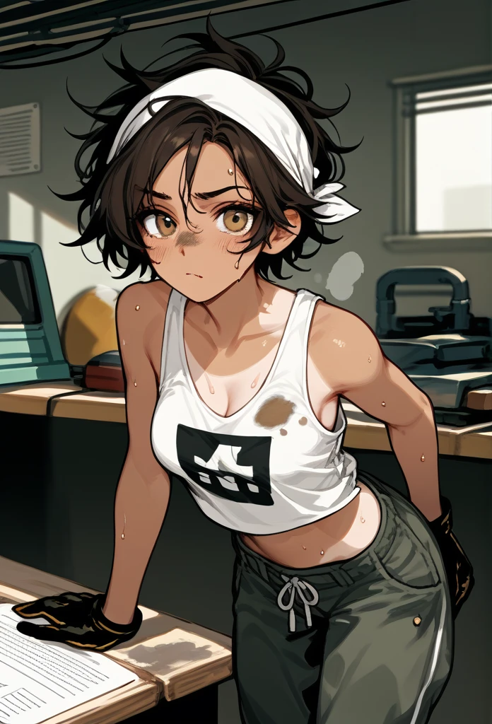 masterpiece, best quality, mature woman, messy hair, black hair, brunette gradient hair color, hot face, (tomboy face), tan skin, mature body, fit body, medium breasts, mechanic gloves, (dirty tank top), stained tank top, midriff, white bandana, mechanic pants, loose pants, workshop, (hand wiping sweat, sweaty), bending over