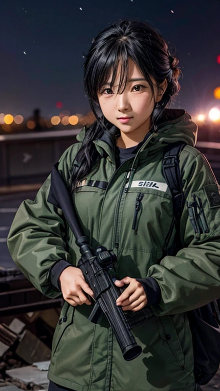 high quality, High-resolution images, Full HD、8k.A girl with long straight hair、He is wearing a US military uniform and a helmet pulled down over his head.。., He has a rifle.、Late Night City, Put on a night scope,Binoculars Night Vision Scope, Pitch black. Night scope light is green.,,(Shooting a gun from the rubble),((Lower the night scope to eye level,))