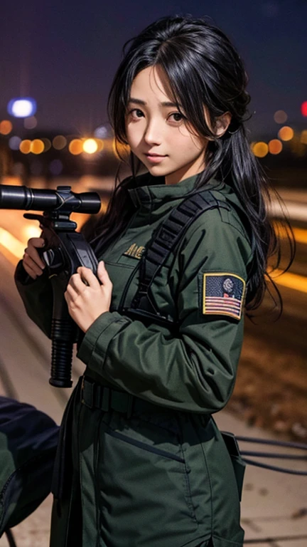 high quality, High-resolution images, Full HD、8k.A girl with long straight hair、He is wearing a US military uniform and a helmet pulled down over his head.。., He has a rifle.、Late Night City, Put on a night scope,Binoculars Night Vision Scope, Pitch black. Night scope light is green.,,(Shooting a gun from the rubble),((Lower the night scope to eye level,))