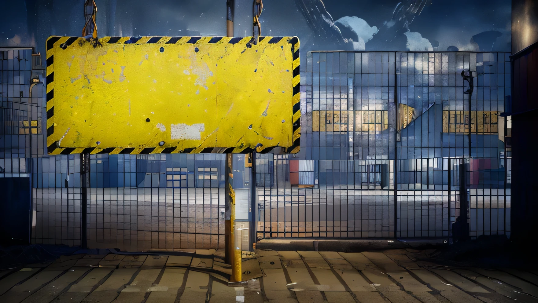 a chain hanging from a pole with a yellow sign, industrial background, prison background, photographic rendering, isolated background, street background, dark industrial background, dirty street background, factory background, construction, empty warehouse background, empty warehouse background, random background scene, industrial environment, high resolution, high resolution, background artwork, basic background