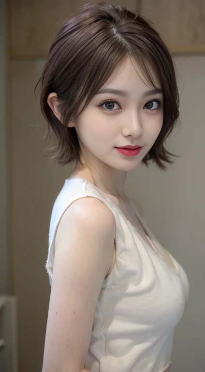 blush a little and smile, (Top quality masterpiece:1.2) Delicate illustrations, Very detailed, /Beautiful Japanese Women、1 person,Very cute and slim、Great style 、((8k images、super high quality))、Very delicate face, Skin and Hair、、beautifule forehead、Red lipstick、(((((short hair、Light brown hair、lure))))),Very cute Japanese cut face、Eyes and nose are clearly visible、Kind eyes,((((White sleeveless fashion))))
