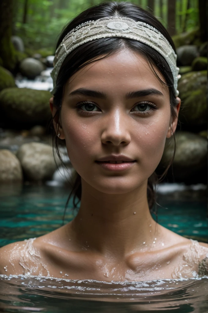 Best Quality, Masterpiece, super high resolution, A super model submerged in hot springs in Japan., outdoor hot springs, stone hot springs, surrounded by moss and trees, super beautiful face, pure body, clear pores visible, (SMILE:0.8), using division (lace headband:1.2), (realism:1.5), Photo original, soaked body, covered in sweat, bare shoulders, in the dark, deep shadows, low-key, cold light