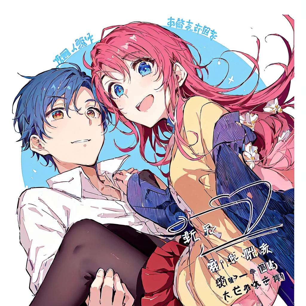 anime couple hugging and kissing in front of a blue sky, shoujo romance, in ryuuou no oshigoto art style, anime cover, zerochan, shoujo manga, ( ( ( yoshinari yoh ) ) ), manga cover, official fanart, cover manga, zerochan art, happy!!!, japanese shoujo manga, shoujo, doujin