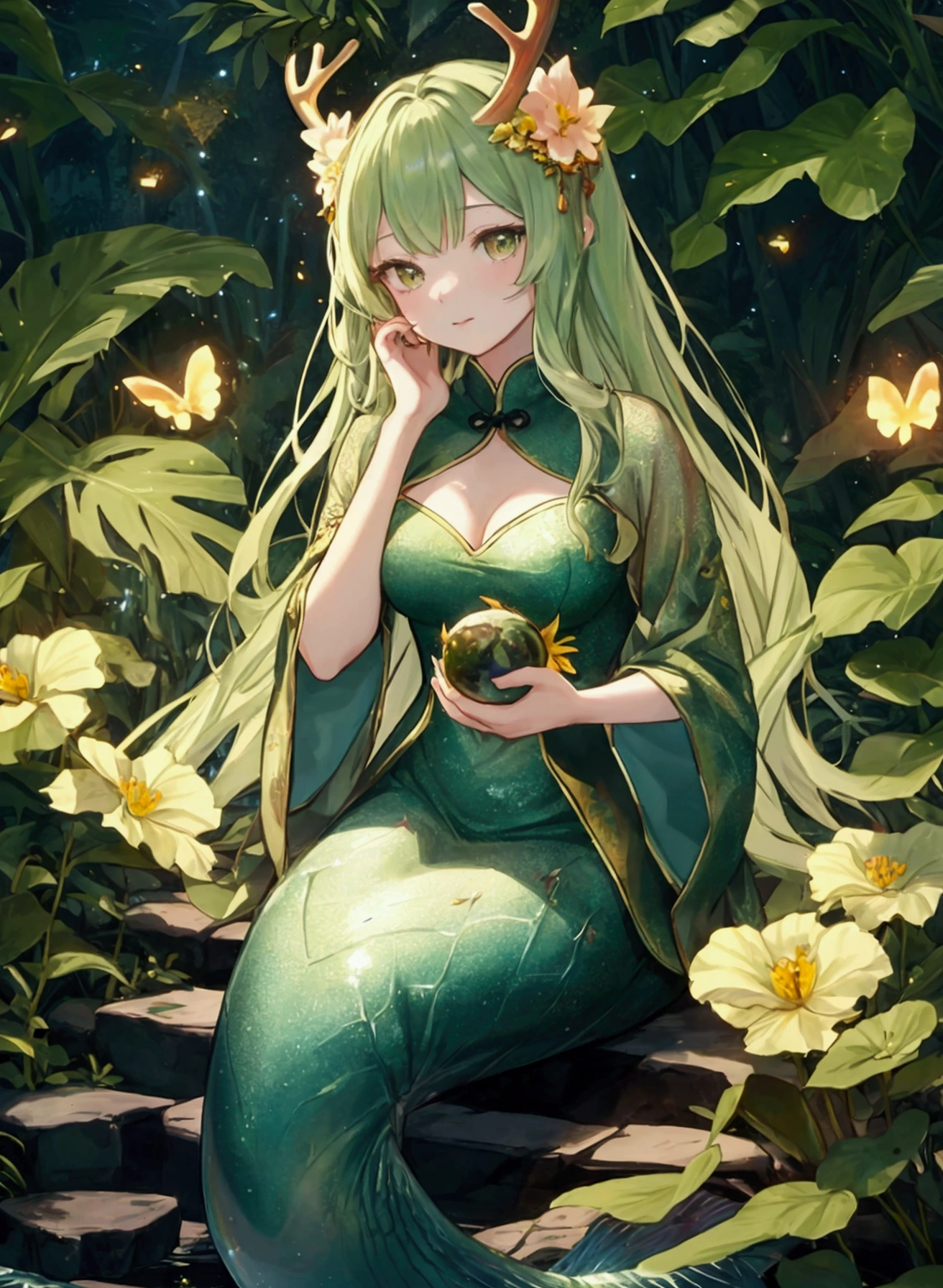 Mermaid,green,Forms,sing,masterpiece,Highest quality,(Highly detailed CG synthesis 8k wallpaper),(Highest quality),(Best illustrations),(Best Shadow),Glowing Spirit,Glowing deer,Chinese-themed elements。,Surrounded by flowers,Delicate leaves and branches are surrounded by fireflies(Natural elements),(Jungle theme),(crystallization),(Pearl),(cloud),(Particle Effects)Other 3D, Octane Rendering,Ray Tracing,Super detailed--v6