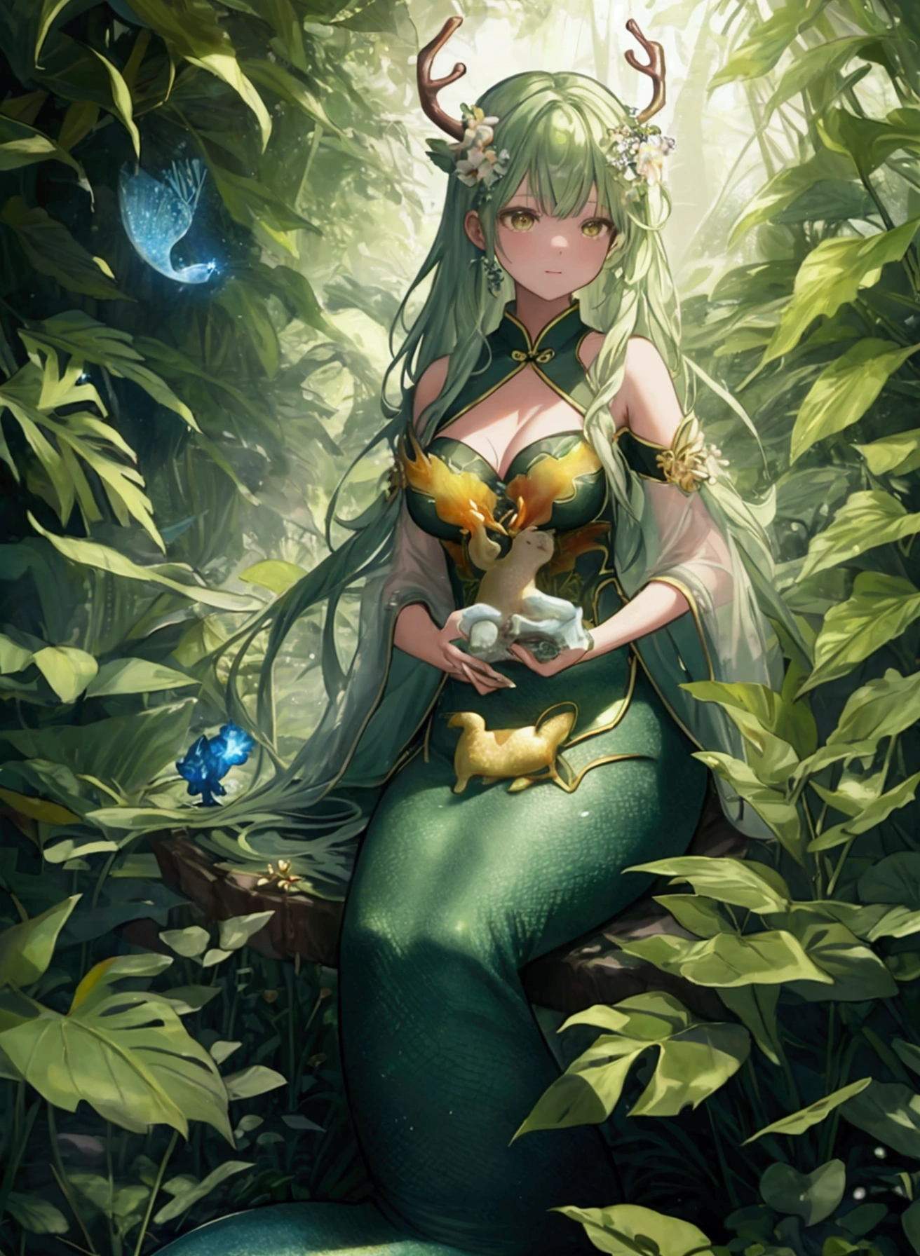 Mermaid,green,Forms,sing,masterpiece,Highest quality,(Highly detailed CG synthesis 8k wallpaper),(Highest quality),(Best illustrations),(Best Shadow),Glowing Spirit,Glowing deer,Chinese-themed elements。,Surrounded by flowers,Delicate leaves and branches are surrounded by fireflies(Natural elements),(Jungle theme),(crystallization),(Pearl),(cloud),(Particle Effects)Other 3D, Octane Rendering,Ray Tracing,Super detailed--v6