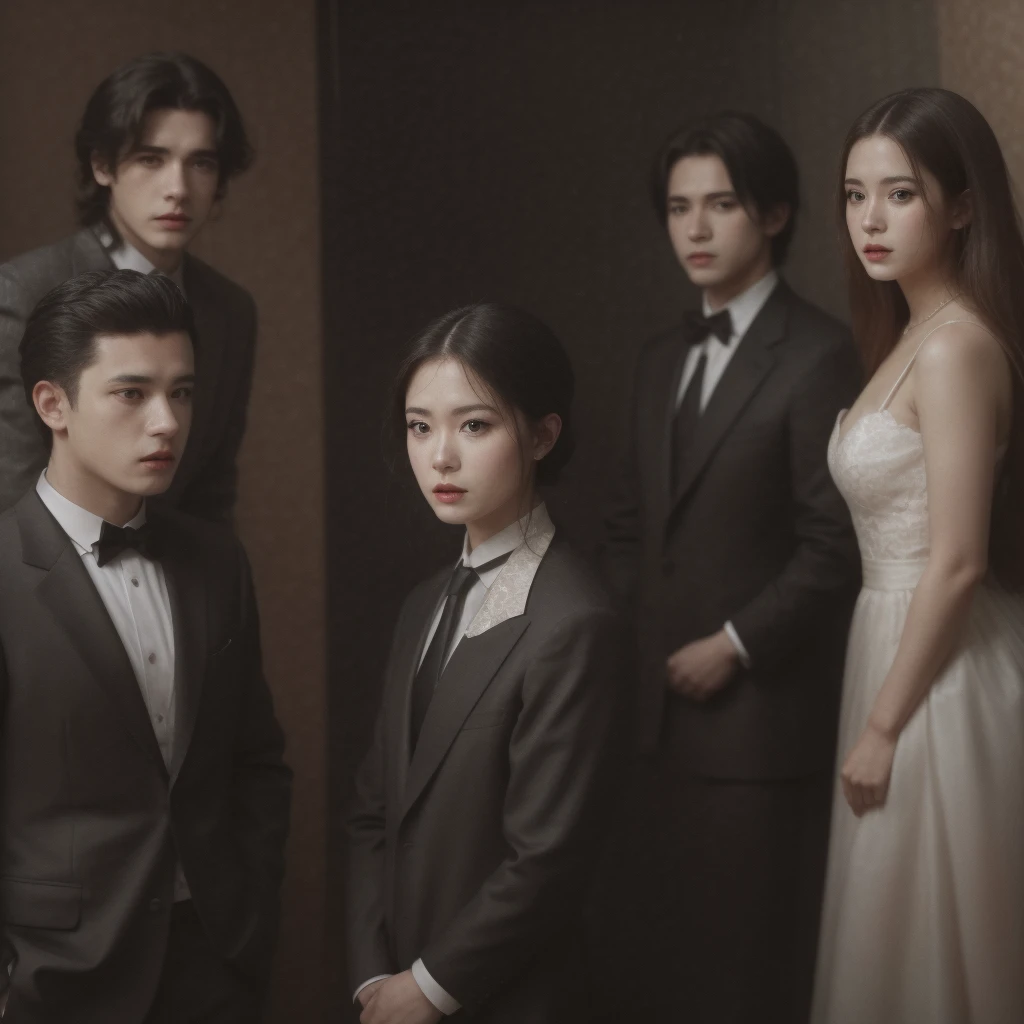 Three men and three women are standing on the opera stage, the three men are wearing black suits and the three women are wearing elegant long white dresses, close up, realistic photo