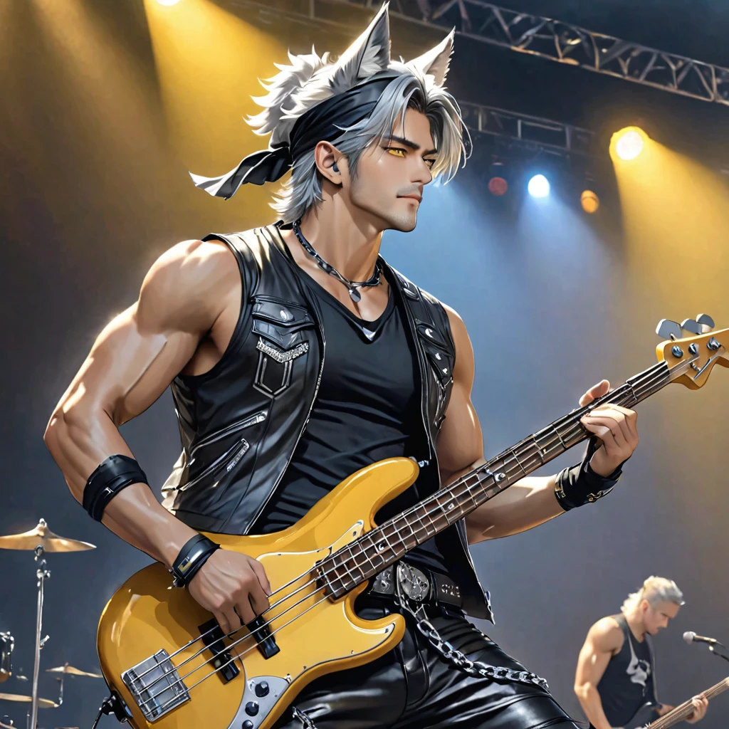 A tall, handsome man. He have Broad-shouldered, athletic build, tousled silver hair, lightly tanned skin tone, and piercing golden yellow eyes, silver Wolf ears atop his head, and silver wolf tails extending from his tailbone. He wear sleeveless leather vest over black, Tight Black T-shirt with ripped sleeves, tight leather pants with chains hanging from the belt loops, cowboy boots, black nails, black choker wristbands, and black fingerless gloves, and black bandana on his head. He hold a bass guitar, playing it on stage.