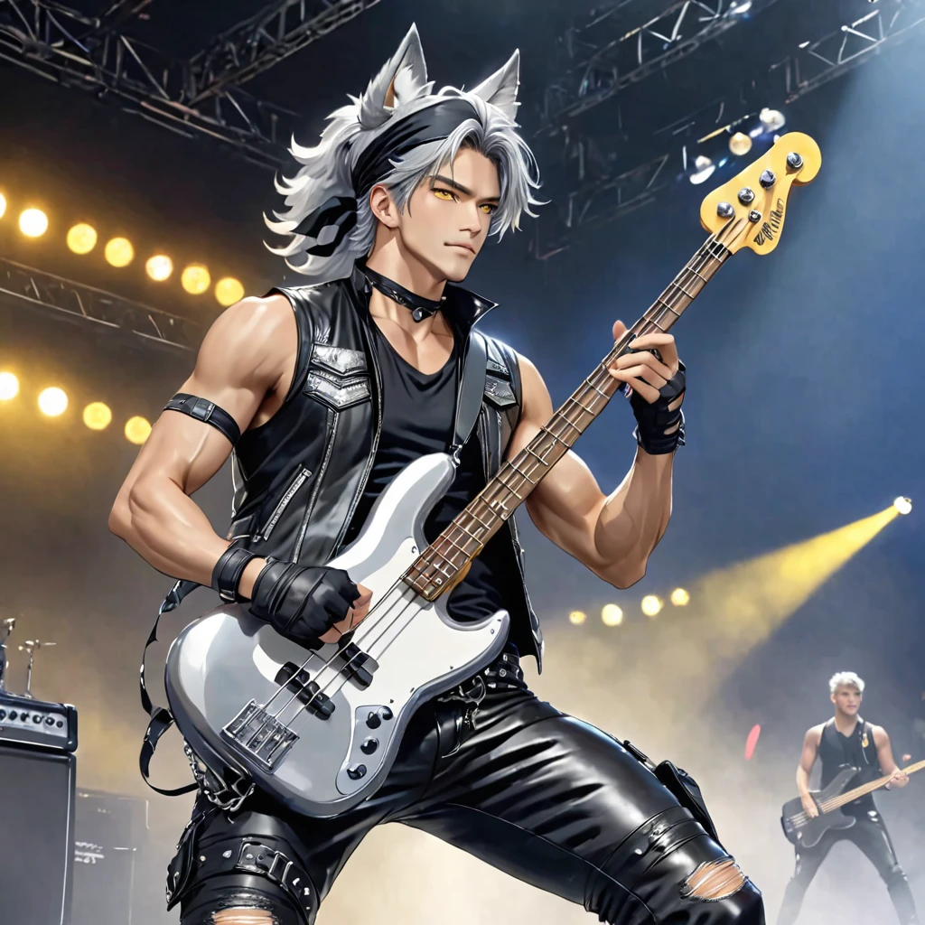 A tall, handsome man. He have Broad-shouldered, athletic build, tousled silver hair, lightly tanned skin tone, and piercing golden yellow eyes, silver Wolf ears atop his head, and silver wolf tails extending from his tailbone. He wear sleeveless leather vest over black, Tight Black T-shirt with ripped sleeves, tight leather pants with chains hanging from the belt loops, cowboy boots, black nails, black choker wristbands, and black fingerless gloves, and black bandana on his head. He hold a bass guitar, playing it on stage.