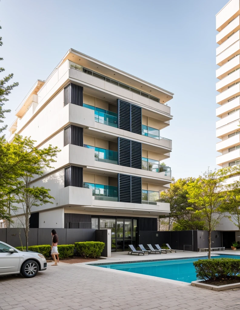 exterior of highrise apartment building, original, contemporary style, balconies, vivid colour, beautiful landscape, realistic, RAW photo, 8k uhd, dslr, soft lighting, high quality, film grain, Fujifilm XT3,masterpiece,