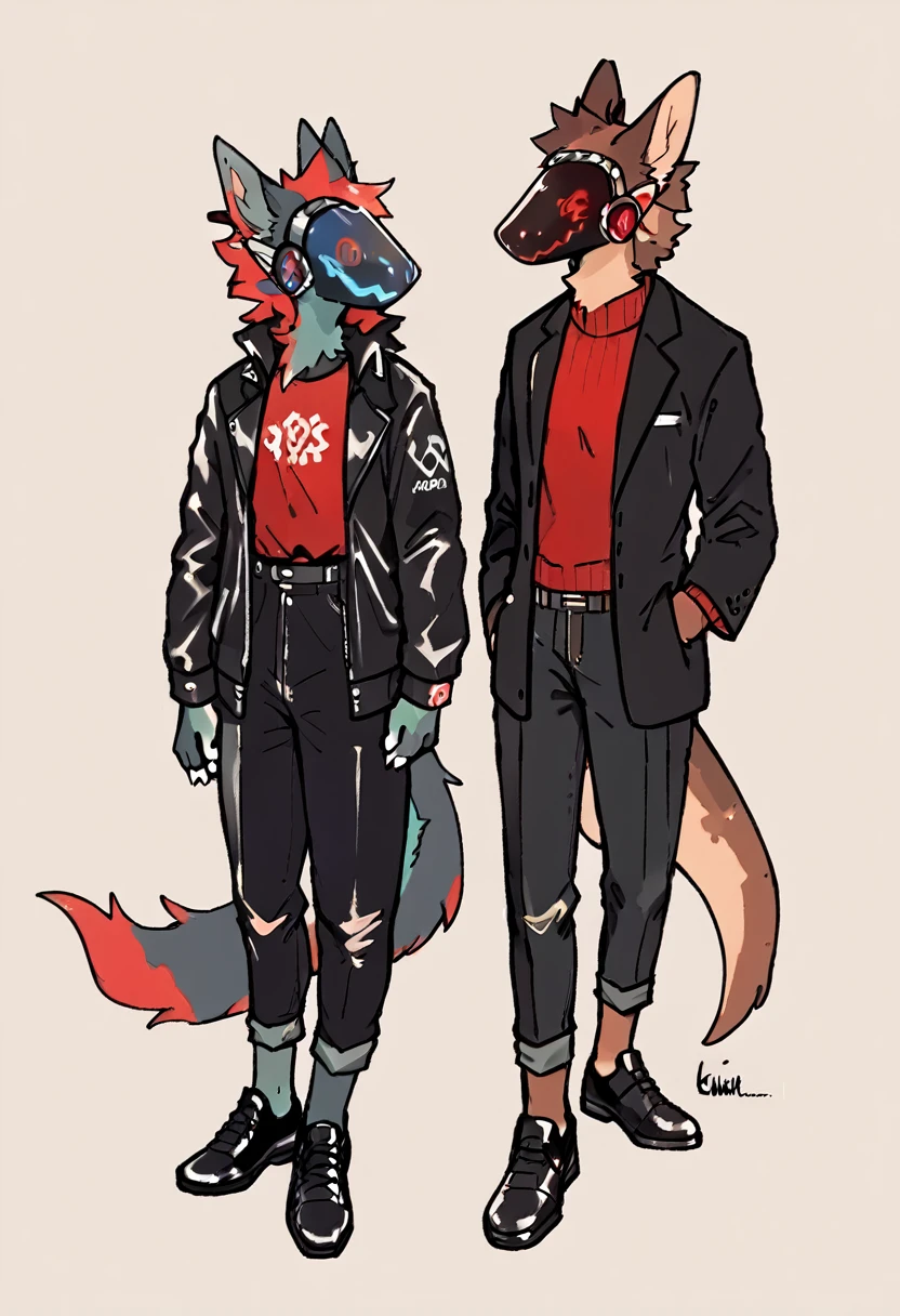 Chestnut brown furry protogen furry with a fiery red sweater, black dress pants, black shoes, elegant black jacket and details on the protogen visor in red