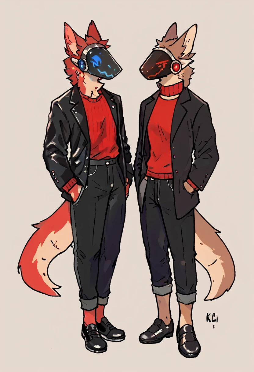 Chestnut brown furry protogen furry with a fiery red sweater, black dress pants, black shoes, elegant black jacket and details on the protogen visor in red