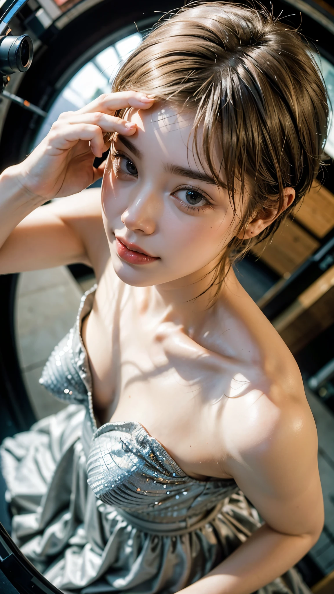 Highest quality, masterpiece, Ultra-high resolution,8k, (Realistic:1.6), (Close-up portrait:1.4) RAW Photos, ((Girly Fashion)),((Full body photo)),1 person,A slender adult 26-year-old woman,(Full of smiles, )), ,((Silver pixie cut hairstyle)),((Looking up at the audience)),Face Focus:1.4,((Shooting from above with a fisheye lens:1.4)),