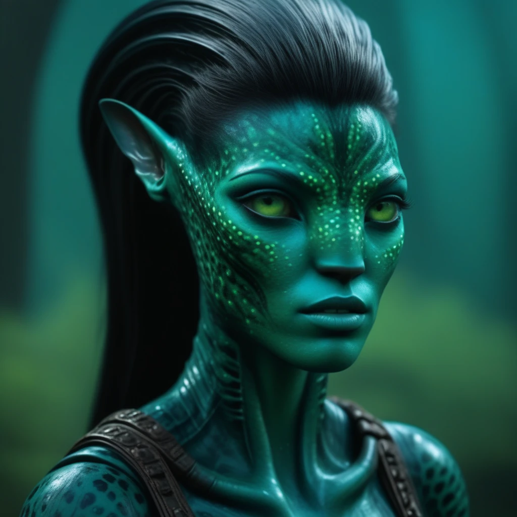 (face portrait), na'vi, female, (green eyes), ((big detailed alien eyes)), ((eyebrowless)), (green skin tone), (straight hair), black hair color, ((short hair)), (hair with bangs), (young adult), 18 years old, face wrinkles, ((wearing tribal clothing)), (wearing tribal acessories), detailed eyes, ((leopard spots all over skin)), toned body, muscled body, ethereal atmosphere, surrealistic dreamy lighting, textured skin, otherworldly beauty, mesmerizing photography, (best quality, highres), vivid colors, ultrarealistic, skin details, sfw, face close-up,ultradetailed body, (aqua green skin), dark background, swamp forest background, ((female xenomorph, xenowaifu))