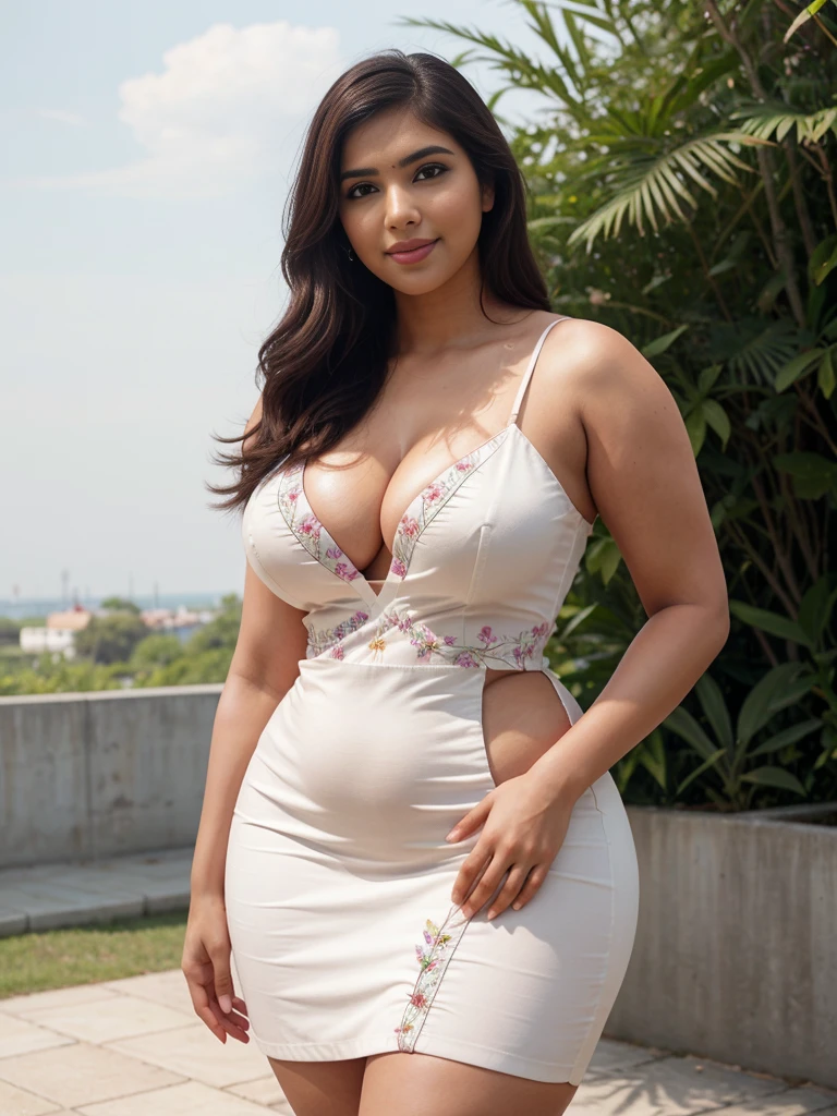 Samantha Ruth Prabhu south Indian beautiful woman sexy curvy plus size model wearing different random color skin tight Bollywood Blush Banarasi Dress, eye contact camera view, different style standing position, curvy plus size big hour glass bulky huge figure, big m-cup bulky huge breasts, different style hairstyle, bright eyes, thin eyebrows, fair skin, blushing cheeks, prefect head to thigh close up view, Eden Seraphim Gardens background and location, Dreamcatcher Delight Embroidery, ultra realistic skin texture, head to thigh close up view, smile face, shadow lighting effect