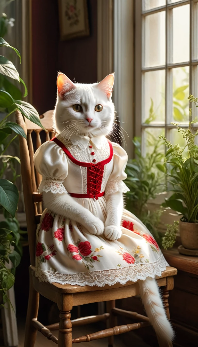 Realistic portrait of a dressed animal - a beautiful white cat, (She is weaving while sitting on a wooden chair by a window in an interior room surrounded by beautiful plants.), high quality,(Lovely) ,Intricate details, Very detailed ((Elegant lace red floral one-piece dress) ,Antique photos、Nostalgia、Very detailed decorations,, (Happy), Natural light,Evening Light、Magic Hour(Full body image:1.5)