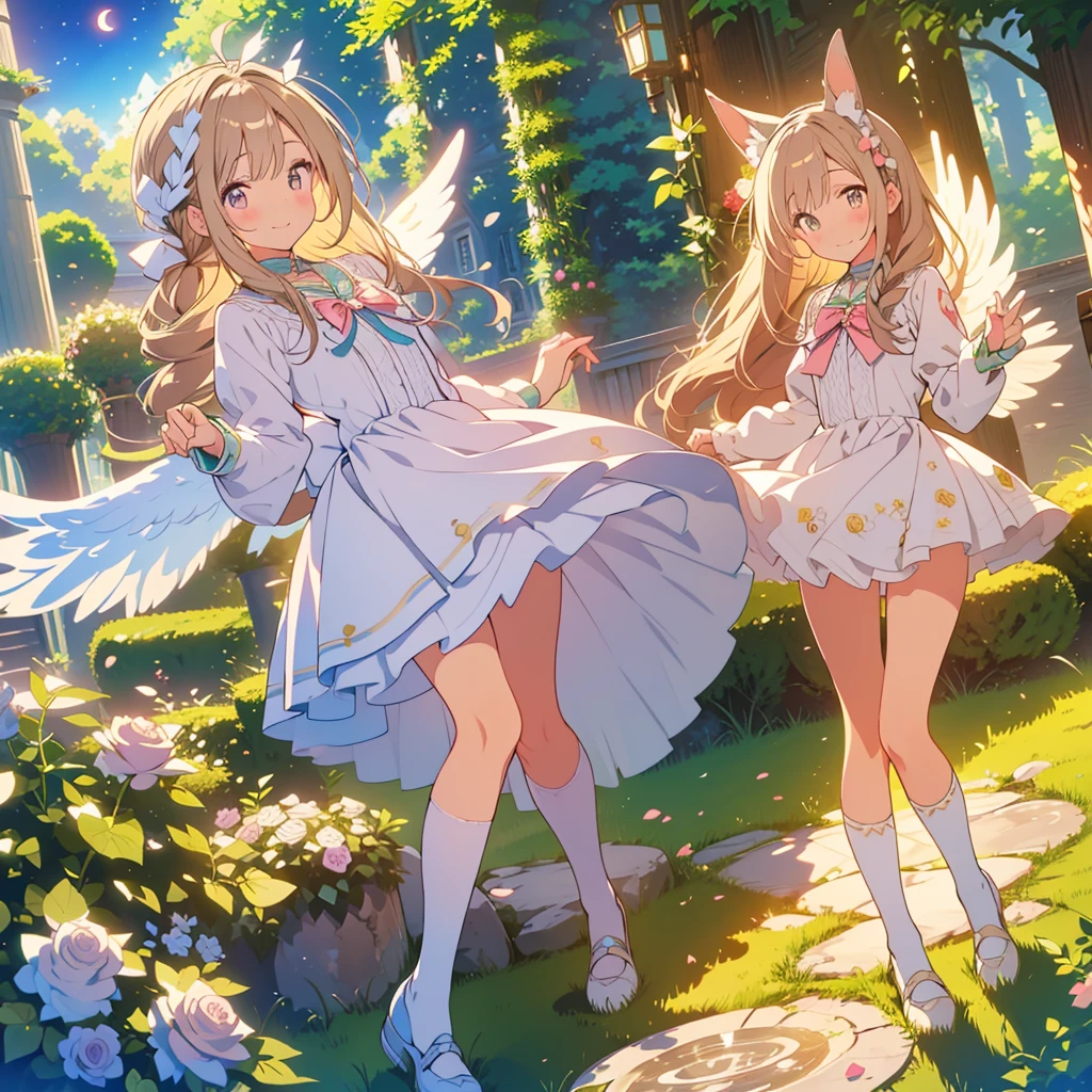 kawaii, anime, Cute, hyper quality, highly detailed, 8k, Front facing, Clarity, brown long hair, green eyes, smile, white rose, Set in Alice's Wonderland, planted white roses, white rose petals are dancing, Draw facial expressions in detail, striped overknee socks, Alice's maid costume with big ribbon, mark with sue, playing cards, clock, fairy tale, fantasy, shine of light, highlight on eyes, wink, The bodies of the two sisters dance, Gradation of evening and night sky, full moon and crescent moon, whole body, Twisted trees of different sizes, twisted ivy, rabbit, white roses bloom, white rose petals, small angel wings on the back, (Two sisters, one with golden eyes), The sky dyed in twilight, rising ground, ribbon headband, undulating rose thorns,