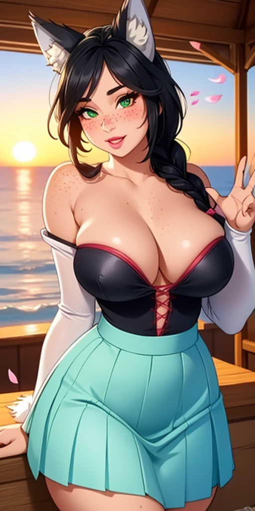 Beautiful round medium breasts, 1girl, ((black hair, Beautiful long braid, braid decorated with petals)) ((wolf girl, Fluffy wolf furry ears)) light green eyes, has an beautiful sensual body with freckles, with full breasts and thin waist, HIP HOP Beautiful and cute Transparent sleeve blouse, long sleeves, long pleated skirt fabric delicate, has a bold appearance. young, quality, realistic, best quality, cute expression, pink lipstick lips, Sexy smile, Beach in the distance, inside the beautiful beach house, sunset