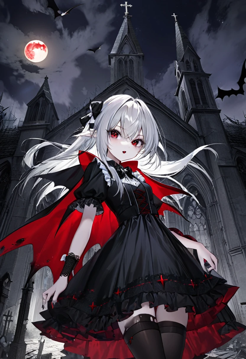 1 teenager girl, vampire, elf, young, black gothic dress, red right stocking, black left stocking, red eyes, white hair with bow, scythe, against the backdrop of the red moon, abandoned gothic church, night, looking at viewer, majestic pose, 8k, masterpiece, high res, ultrasharp
