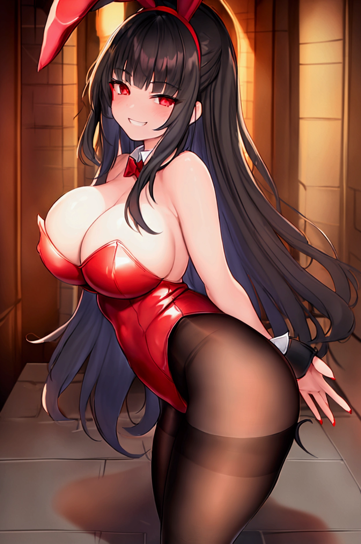 (8k、Best image quality、Highest quality、masterpiece)、Detailed face、1 girl、Black Hair、Long Hair、Blunt bangs、Hime cut、Red eyes、Wicked Smile、((Grin))、((Big Breasts))、((Red Playboy Bunny))、Shiny、((Black Pantyhose))、((Thick waist))、Cowboy Shot、Night back alley background