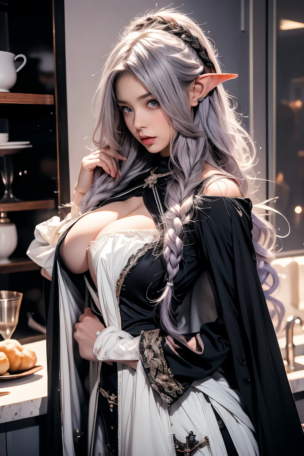 facing viewer, black and white maid dress, kitchen, open wide arms, adult, 1 girl, slut, slutty elf, toned skin, anime, standing, look at viewer, (light purple hair), straight hair, front view, best quality, highres, 8k, masterpiece, anatomically correct, super detail, textured skin, diamond face shape, so huge breast, fit body, beautiful, fantasy, anime style, anime painting, shy, timid, virgin