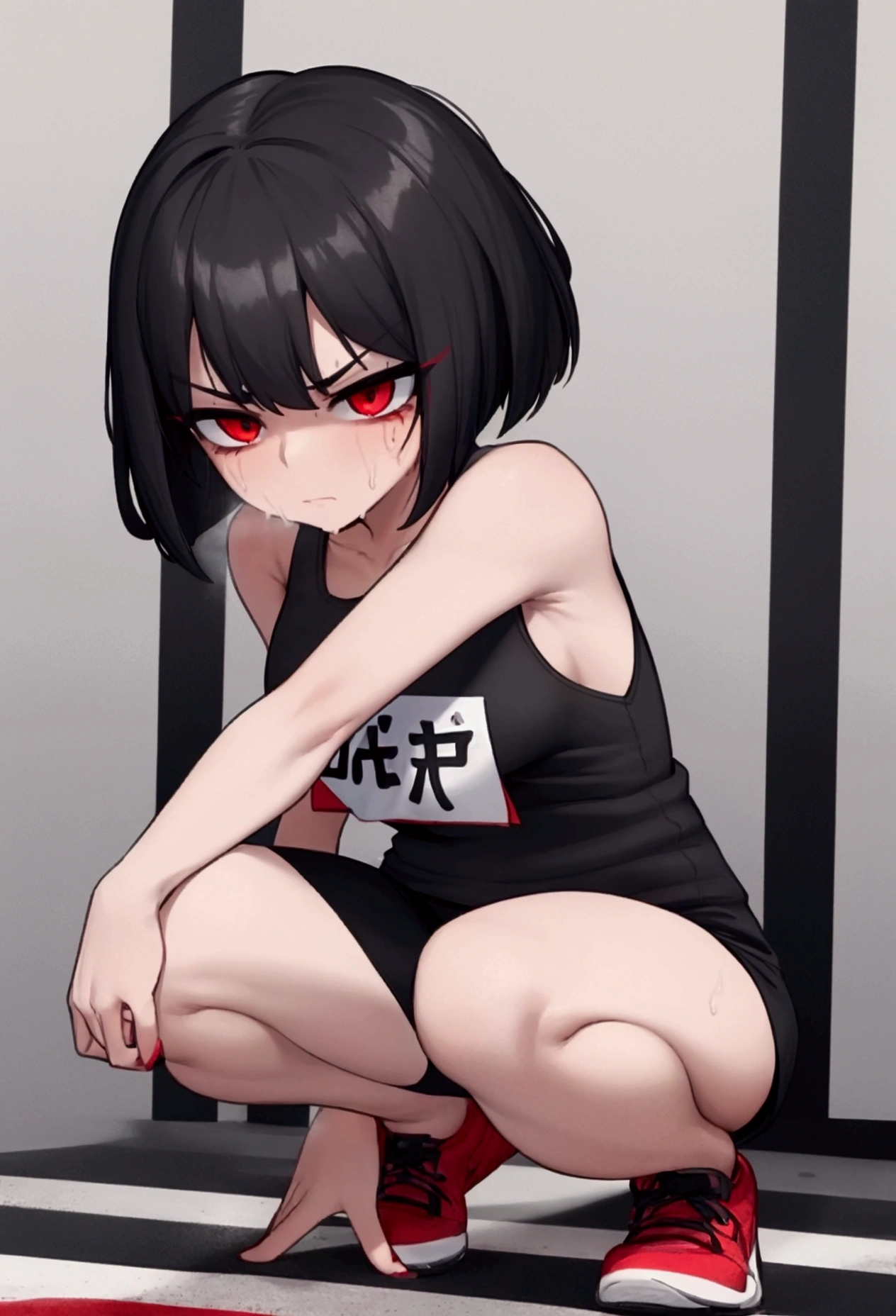 Girl, black hair, bob, red eyes, marathon runner, rolling her eyes, squatting down, looking in pain, sweating, black tank top with red lines, black shorts with red lines, marathon shoes , white race bib
