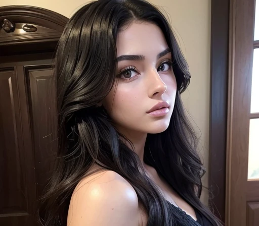 ((Best quality)), ((masterpiece)), (detailed), ((perfect face)), ((half of the body)) perfect proportions, She is a beautiful girl, She is 20, she has long black hair, She has wavy hair, she's voluptuous, She has large breasts, she's sensual, she has gothic makeup, she has red lips, she wears black gothic clothes and tight pants, she poses sensually, She wears gothic clothes, she is the bedroom ((perfect face))