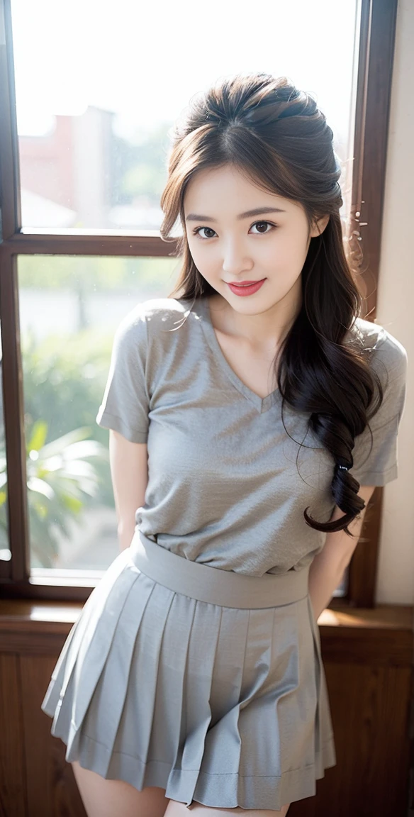 Highest quality, 1 beautiful woman, 28 years old, Oval face,Phoenix Eyes,Eyebrow, Double eyelids, Long eyelashes, A faint smile, ,s, 35mm lens, F/1, Cowboy shot, Specific Background、Tiled background、Perm、sweat ((Light grey straight dress:1.1)),((Short pleated skirt:1.3)), White shoes,Perfect proportion,Sexy pose, (a charming smile:1.2), Perfect proportion,Sexy pose,look、stare、Houseplant、verdant、look到whole body、window,RHA30