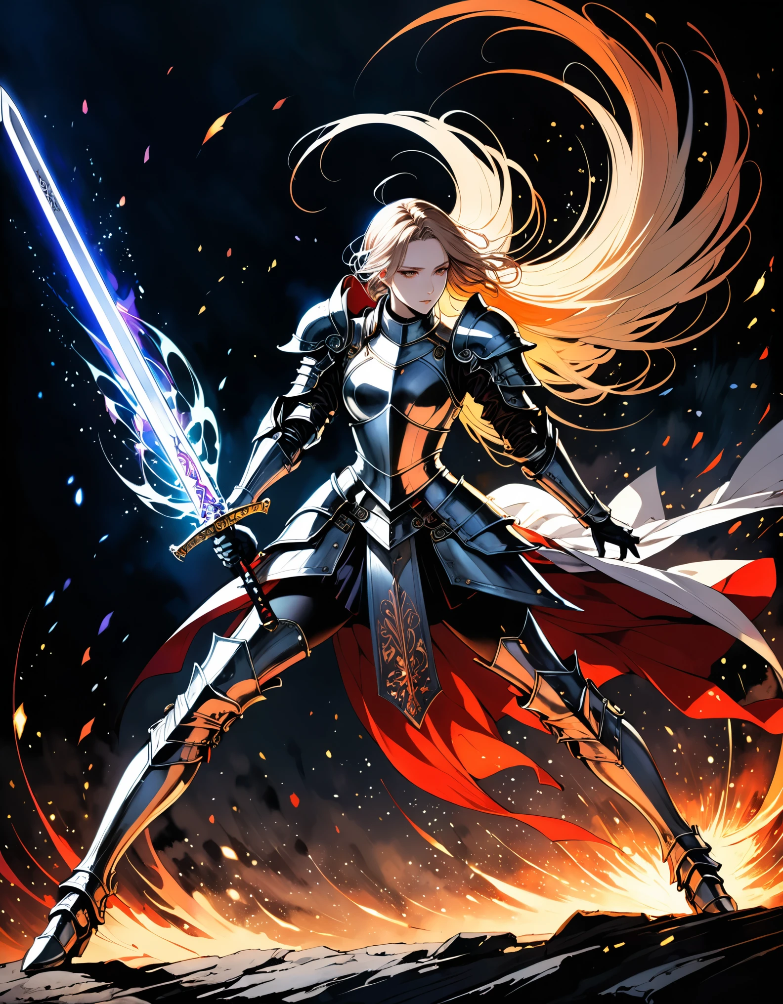 in style of Santiago Caruso，[[[in style of Harry Clarke]]],best quality, masterpiece, high resolution, 1girl，cowboy shot,knight，Diffuse gradient armor，Wide spectrum gradient，Light effects surrounding the girl，((Combat Action，Bend down to accumulate strength，Holding a big sword with both hands，Dynamic lens，Dynamic Action))，The arc of the wind shows the feeling and momentum of swinging a sword，(Motion Blur)，blur background，Shines brightly，vivid color,Tyndall effect,Reality, Dark Studio, Edge lighting, Two-tone lighting,(High Detail Skin:1.2),