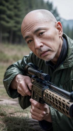 highres, Realstick, 8k, Masterpiece, Sniper:1.5, 63 years old, japanese man, baldness, sniper rifle:1.4, Sniper regime