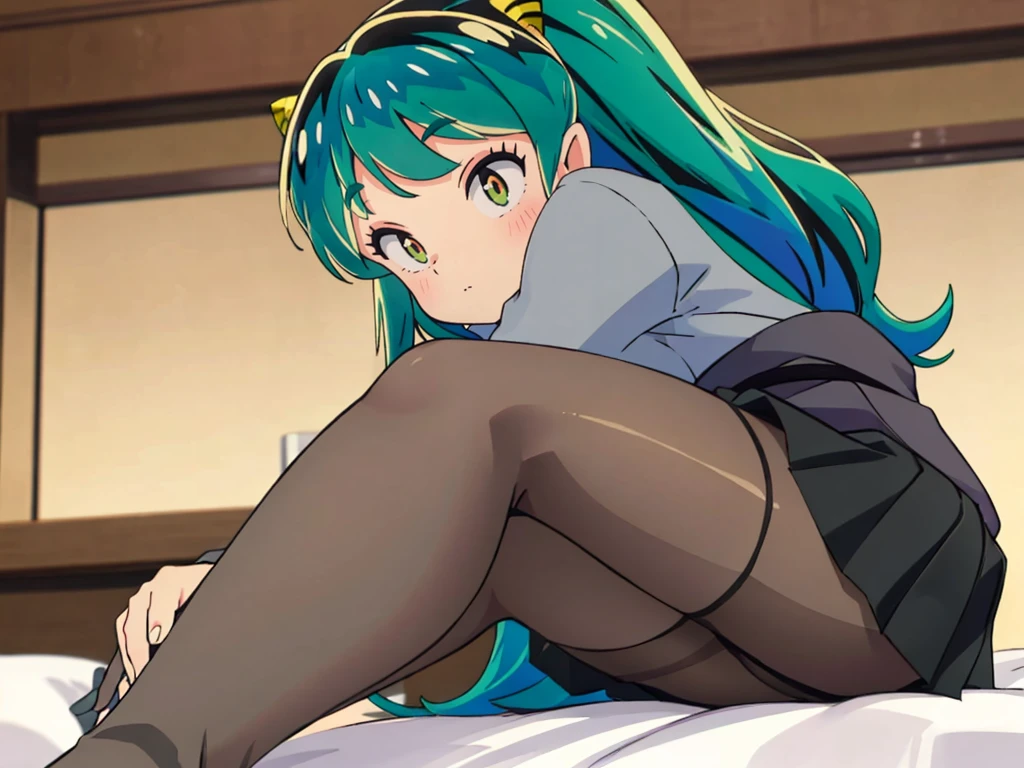 masterpiece, Highest quality, 1 Girl, Lum, tired, Taking a break, Looking into the distance, Grey knit, Black Mini Skirt, Grey pantyhose , anime, From below, blush, Embarrassing, Taking a break, Mature, 18-year-old, Smile, Lying in bed, Focus on the feet, Japan, Hotel, High definition, Green Hair