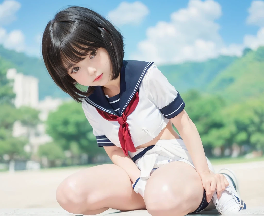 （8k、Raw photography、Highest quality、masterpiece：1.2),(Black hair bangs、Short Bob Hair:1.8),(:1.3)、View your audience,Front view,White skin,(high school girl、White and navy blue uniform:1.6)、(Tight waist:1.6)、(Clothes that accentuate the shape of the breasts:1.0)、(Small breasts :1.3)、Slim figure、Ultra-high resolution,(Small Tits、Quite small breasts、Beautiful ass:1.18)、Groin joint、(Always sit with your legs apart、Put your hands on your knees)、Japanese women,（reality的：1.37）、Photon Mapping,reality、(Baby-faced and cute: 1.4)、Physically Based Rendering、Depth of field rally background、photograph, (I can see your knees、Thigh close-up:1.8),（Checked skirt:1.6）,whole body、Great quality、(Sit with your legs slightly apart、Put your hands on your knees)、((((Sailor suit))))、(((White and light blue panties)))、((((White loose socks))))、((((Brown leather shoes))))、(Outdoor Roads)、((((Low - Angle))))、Taking off her skirt