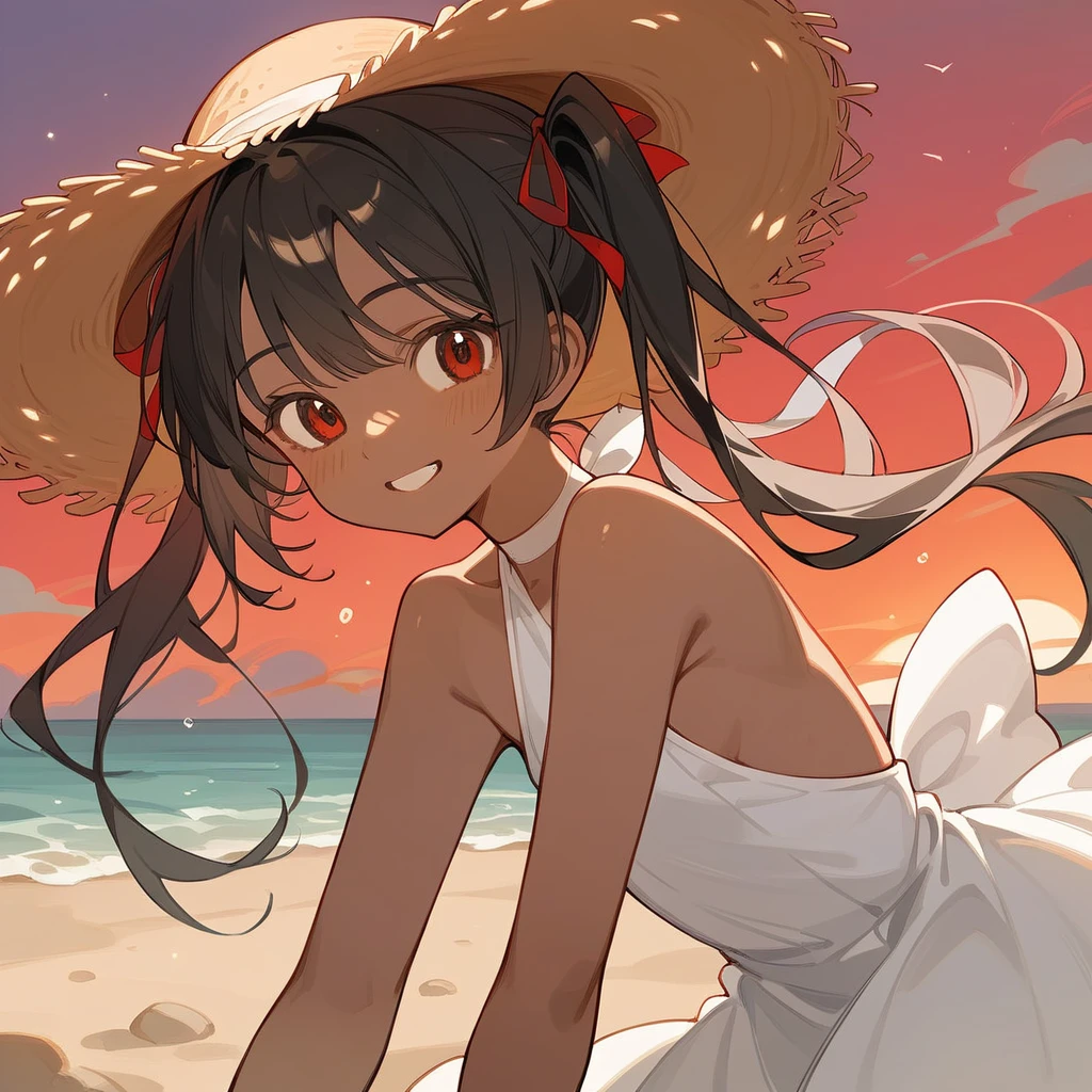 score_9_up, score_8_up, score_7_up, score_6_up, source_アニメ，2d, flat、deep shadows、Black Hair、Sand castles、Red sunset、Red Sea、Pigtails、White dress、Straw hat、Brown Skin、smile、Sandy Beach、rating_safe